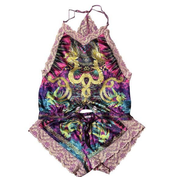 Womens Size L Silky Dragon Print Lingerie Racer Back Lace Trim Cami & Shorts Set - Picture 2 of 15